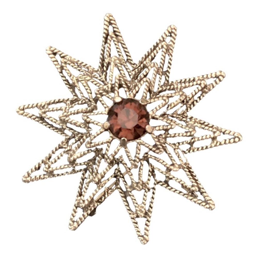 TARA Rope Star Brooch Gold Tone 4 Layer Open Work Orange Rhinestone Signed VTG